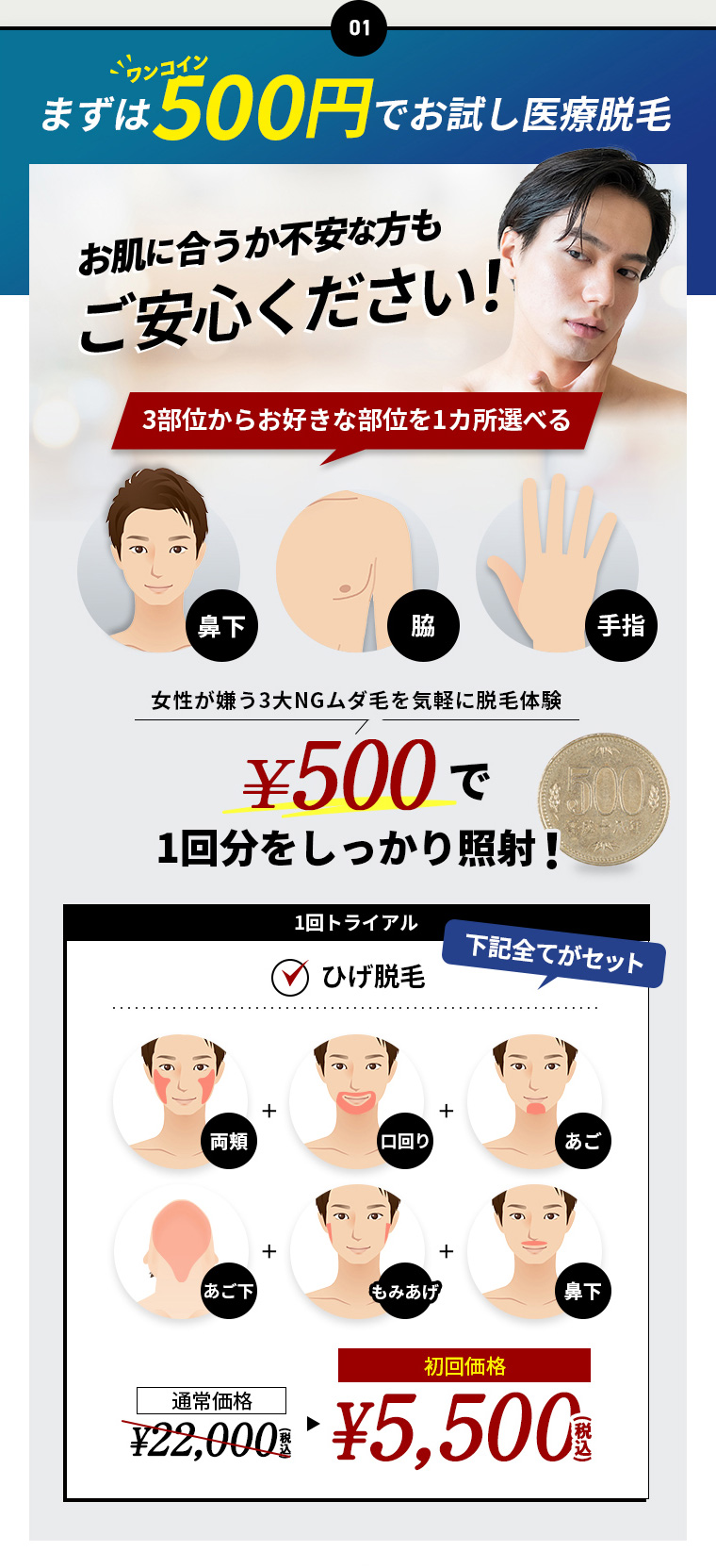まずは500円（ワンコイン）でお試し医療脱毛